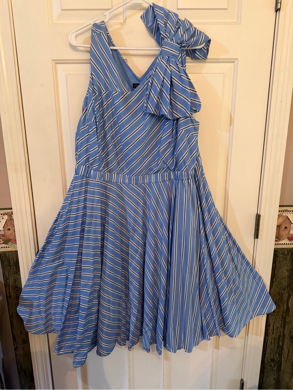 Office Glam! Blue Striped woman’s  Dress with Bow